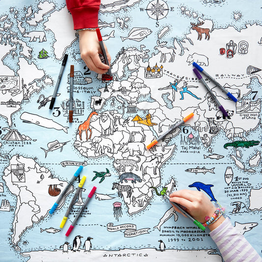 eatsleepdoodle Coloring World Map Tablecloth for Kids – Reusable Washable Activity Table Cover with 10pcs Washable Markers, Fun Arts & Crafts for Boys & Girls, Activity Blanket for Parties, Birthdays