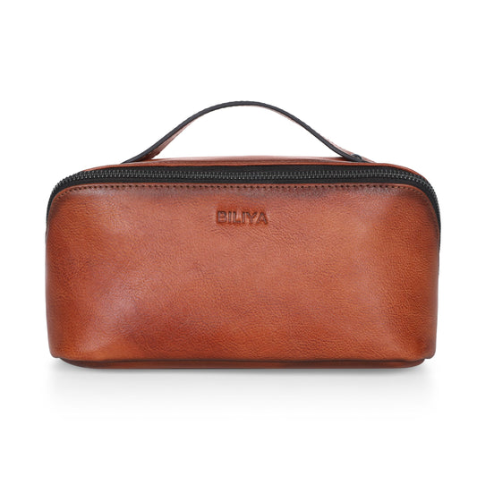 BILIYA Hand Rubbed Genuine Leather Makeup Bag Vintage Brown Cowhide Cosmetic Case with Handle Handmade Travel Organizer for Women