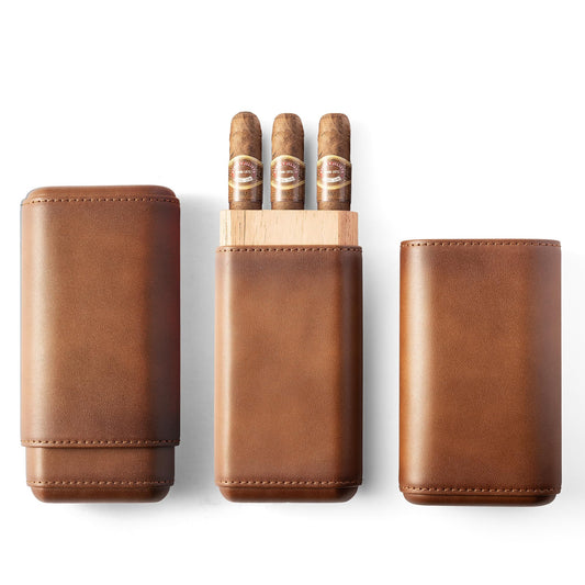 Woodronic Cigar Case, Premium Brown Genuine Leather Cigar Travel Case with Spanish Cedar Wood Lined, Portable Cigar Humidor, Cigar Accessories Gift for Men (Holds 3 Cigars)