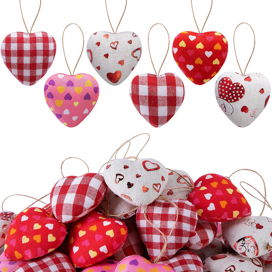 EBaokuup 30 Pcs Valentines Fabric Heart Ornament for Hanging-6 Styles Red Pink Buffalo Plaid Check-Heart-Shaped Hanging Decoration for Valentine's Day Home Decor Wedding Party DIY Crafts