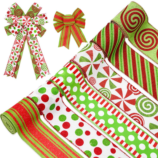 Whaline Christmas Ribbons 36 Yards Dot Stripe Candy Wired Edge Ribbon Red Green Fabric Craft Ribbon for Xmas Wreath Bow Making DIY Crafts Wrapping Supplies, 6 Rolls