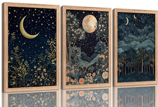 Framed Dark Moon and Forest Wall Art, Gothic Cottagecore Botanical Floral Painting Canvas Prints, Moody Night Stars Landscape Wall Decor, Dark Academia Poster Artwork for Living Room Bedroom Office