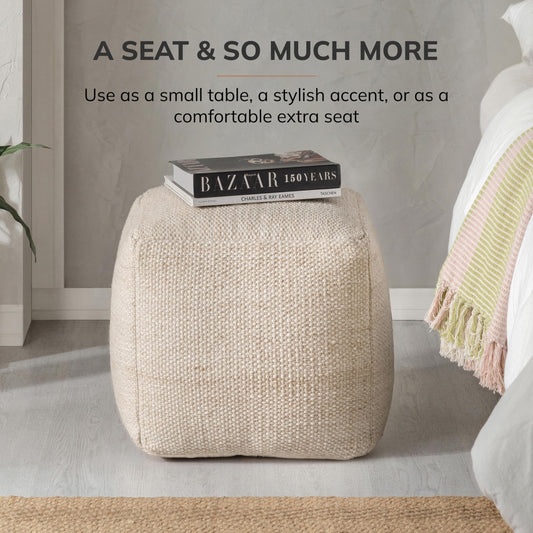 Anji Mountain Pouf Ottoman Foot Rest, Handmade Ottoman Pouf, Comfortable Foot Stool, Decorative Floor Seating for Living Room Decor, Bedroom & Home Décor Accent - Ivory/Lt Brown