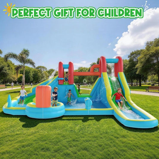 HOMMOW Inflatable Water Slide,10 in 1 Double Water Slide Bounce House for Kids 3-12 with Blower, Splash Pool, Water Cannon, Climbing Wall, Basketball Hoop for Kids Indoor Outdoor Backyard