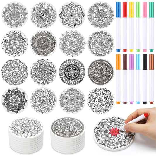 Resurhang 16 Pcs Mandala Ceramic Coasters for Drinks Color Your Own Coaster Mandalas Set DIY Absorbent Cup Mat with 12 Markers and Cork Base Art Crafts Gifts for Adult Home Table Decoration