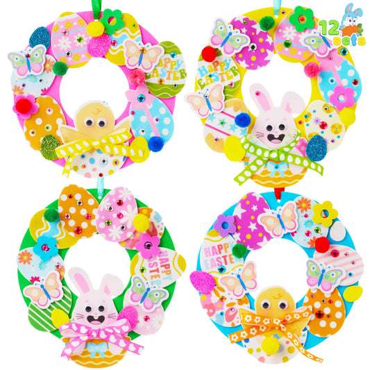 JOYIN 12 Sets Easter Wreath Signs Decorations, DIY Foam Craft Kit with Bunny, Chick & Egg Foam Stickers, Amusing Wiggle Eyes and Pom-Poms for Kids Easter Kids Activities, Party, Gift Decorations.