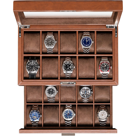 ROTHWELL 20 Slot Leather Watch box - Luxury Case Display Jewelry Organizer, - Locking Display Case Holder with Large Real Glass Top - Watch Box Organizer for Men and Women (Tan/Brown)