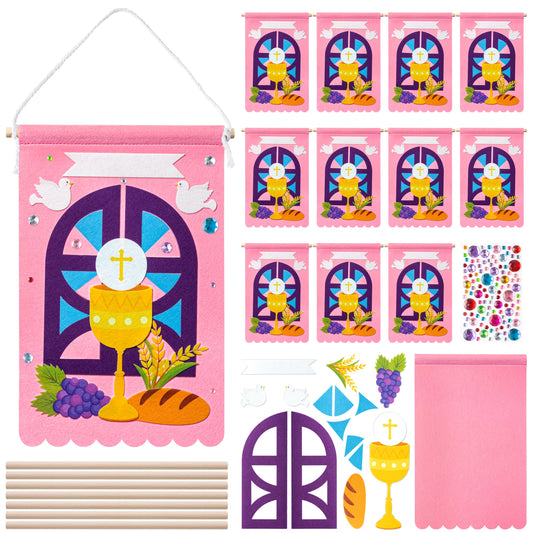 WATINC First Communion Banner Kit - 12 Set Holy 1st Communion Felt Banner Kit Baptism Christian Cross DIY Craft Decorations, Make Your Own Sunday School Church Hanging Crafts Supplies for Girls (Pink)