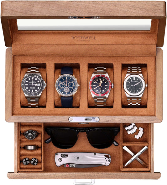 ROTHWELL 4-Slot Solid Walnut Watch Box with Valet Drawer - Premium Jewelry Display Case Organizer with Locking Glass Top and Microsuede Liner for Men & Women (Tan Interior)
