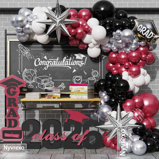 2026 Graduation Party Decorations, 138Pcs Burgundy White Silver Black Congrat Grad Balloons Arch Garland Kit, Class of 2026 Graduation Birthday So Proud Of You Decorations