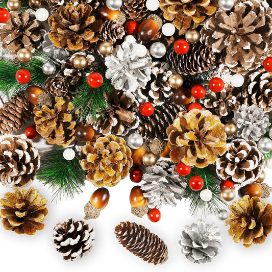 Warmtree 170 Pcs Christmas Pine Cones Berry Pine Branch Set Snow Pinecones Pendant Winter Decor with Artificial Acorn Berries for DIY Crafts Home Decorations Gift Tag Party Supplies, Assorted Sizes