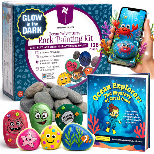 Pinwheel Crafts Glow in the Dark Rock Painting Kit with Interactive AR Storybook – 128pc Arts & Crafts Set for Kids – Augmented Reality Educational Toy for Boys & Girls Ages 6-12