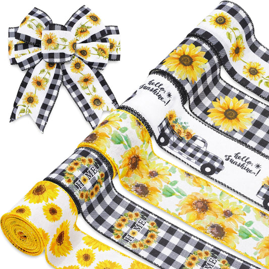 Whaline 36 Yard Sunflower Wired Edge Ribbon 6 Roll 2.5 Inch Buffalo Plaids Flower Fabric Ribbon Spring Summer Floral Decorative Craft Ribbon for Gift Wrapping Decor Hair Bow Sewing Wreath Crafts