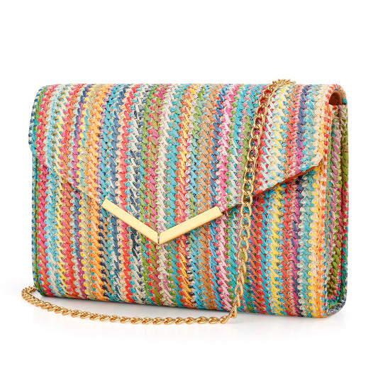 KKXIU Women Straw Envelope Clutch - Woven Handbags for Wedding Party Beach Summer, Purses for Women with Detachable Chain Shoulder Strap