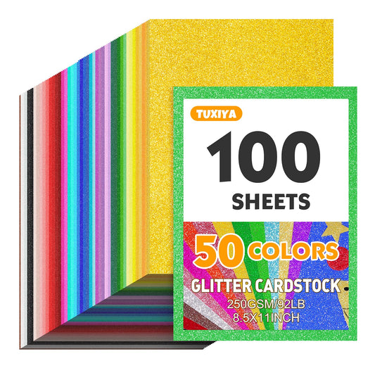 TUXIYA 100 Sheets 8.5" X 11" Glitter Cardstock,50 Assorted Colors 250GSM/92LB Glitter Cardstock,No-Shed Sparkly Glitter Paper for Arts and Crafts, Decorative, Card Making, Scrapbooking, DIY Projects