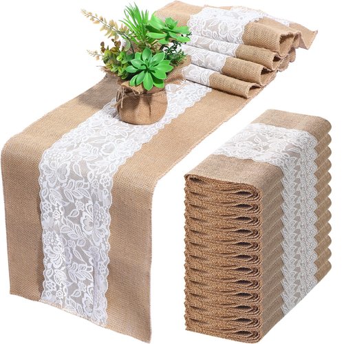 Chumia 12 Pcs 12 x 108 Inch Wedding Burlap Table Runners with White Lace Rustic Runner Decor Vintage Romantic Table Cloth Party Favors for Engagement Birthday Hotel Home Decor(Stylish Style)