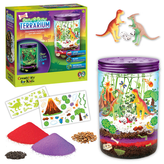 Creativity for Kids Grow N Glow Dinosaur Terrarium Kit | Create, Plant & Grow a DIY Terrarium Kit with Glow-in-the-Dark Stickers & Dino Toys | Spring Crafts & STEM Kit (Ages 6+)