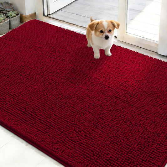 OLANLY Dog Door Mat - Absorbent Non-Slip Mud Mat for Indoor Use | Quick Dry Chenille, 50x30, Red