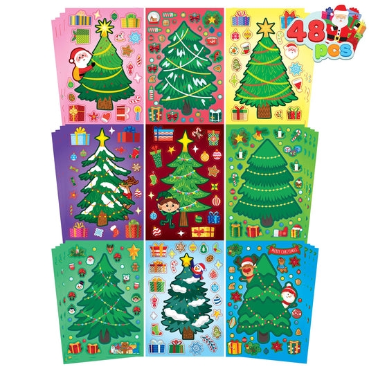 JOYIN 48 Pcs Christmas Sticker Sheets, Christmas Craft Supplies for Kids, Make Your Own Characters Mix and Match Sticker Sheets with Trees, Kids Party Favor Supplies, Xmas Classroom Activities Game