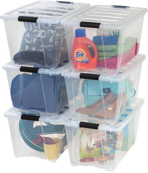 IRIS USA Stackable Plastic Storage Bins - 54 Qt, BPA-Free, Durable Nestable Containers, 6 Pack - Clear