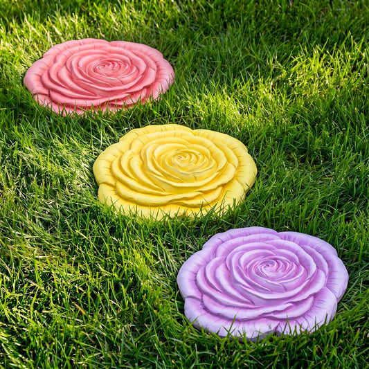 Cinnvoice 3 Pack Garden Stepping Stone Outdoor, Decorative Dimensional Resin Stepping Stones for Patio Pathway Landscaping Walkway Sculpture Yard Backyard Lawn(Rose,10 Inches)