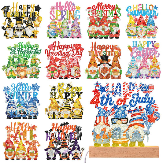 Chunful 13 Pcs Gnome Interchangeable Seasonal Diamond Art Tabletop Holiday Diamond Art Painting Kit with Wooden Light Base for Home Office Tiered Tray Tabletop Decor DIY Crafts Gifts