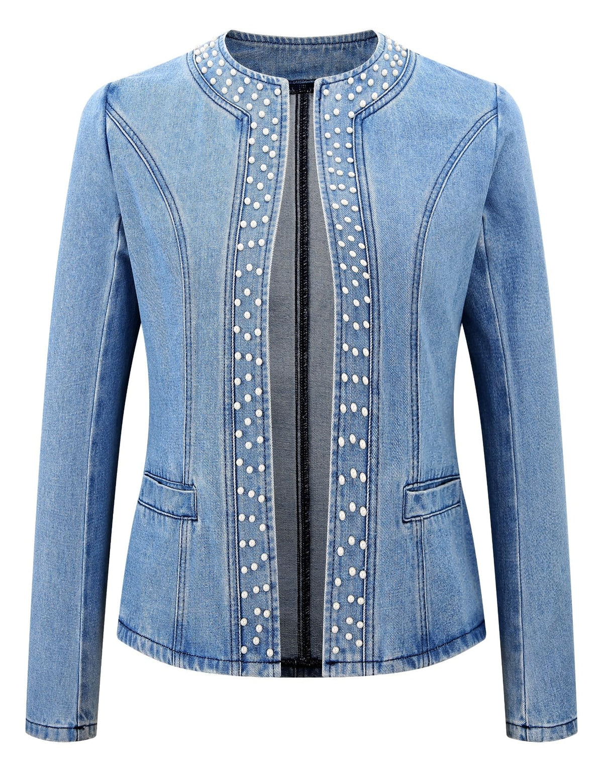 Kedera Women's Pearl Denim Jacket Long Sleeve Collarless Rivet Short Denim Coat with Pockets