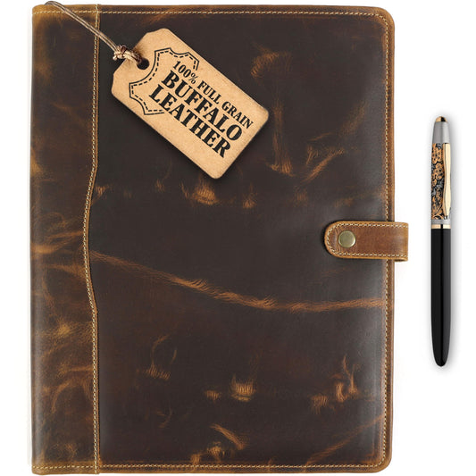 Leather Portfolio, Leather Binder with Pen, Resume Organizer & Padfolio for Men and Women | Business Portfolio with Card Holder & Document Organizer (Antique Brown)
