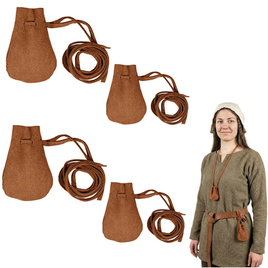 Mythrojan Small Trinket Pouches Pack of 4, Suede Leather Drawstring Coin & Dice Bags for LARP, SCA, Viking & Medieval Events Color : Brown