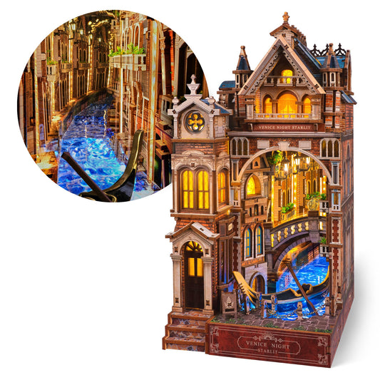 FUNPOLA Venice Night Starlit Book Nook Kit – LED 3D Wood Puzzle with Infinity Mirror – DIY Bookshelf Decor, Miniature Craft Gift for Kids and Adults