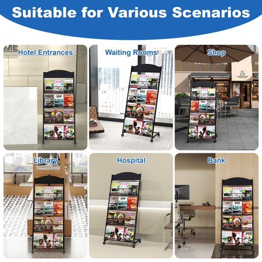 Qriocioa Brochure Display Stand 4 Layer Floor-Standing Magazine Rack Literature Newspaper Catalog Display Holder with Wheels and Top Billboard for Exhibitions,School, Hotel, Hospitals, Offices (Black)
