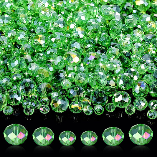 WILLBOND 600 Pcs Crystal Glass Beads for Jewelry Making Bulk Suncatcher Faceted Rondelle Loose Gemstone for Valentine's Day, Irish Holiday, Easter Bracelet DIY Crafts 8mm, 6mm, 4mm(Green)