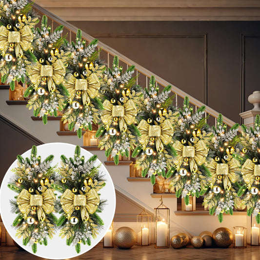 Lyrow 16 Pack Christmas Artificial Swags 24 Xmas The Cordless Prelit Stairway Swag Teardrop Trim Wreath Door Stair Garland Christmas Decoration for Outdoor Home Garden Decor (Rustic Style,Gold)