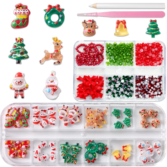 18Girds/2Boxes Christmas Nail Charms Colorful Mini Snowman Xmas Tree Nail Art Charms Reindeer Bell Nail Rhinestones 3D Resin Red Bow Heart Nail Diamond Green Half Round Beads Nail Gems for Women DIY