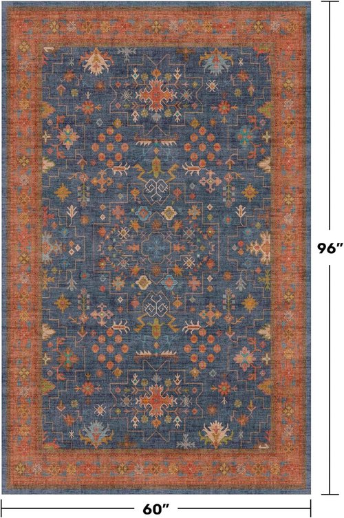 Hazo Haus Dark Blue & Terracotta Area Rug - Machine Washable 5x8 Non-Slip Low Pile for Living Room, Bedroom & Kitchen