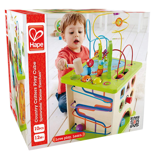 Hape Country Critters Play Cube| Wooden Learning Puzzle Toy for Toddlers, 5-Sided Activity Centre with Animal Friends, Shapes, Mazes, Wooden Balls, Shape Sorter Blocks and More