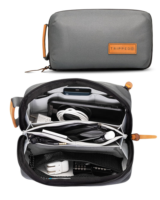 Tech Bag Organizer - Small Electronics Organizer Pouch for Travel - Premium Travel Case with Leather Accents - Mesh Pocket for Cables, Cords and Chargers (Grey)