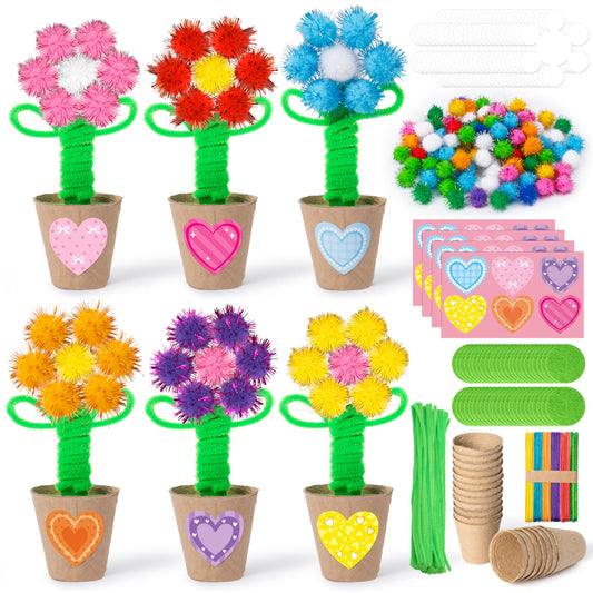 WATINC Mother’s Day Flower Paper Pot Craft Kits - 36 Pack Springtime Pom Pom Flower Decorations, Make Your Standing Glitter Gift Crafts, Fun DIY Decor Home School Classroom Art Activities