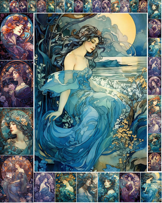 Decoupage Paper Pack (35 Sheets 6"x8") Calm Tranquil Beautiful Ladies of The Lakes and Oceans FLONZ Art Nouveau Alphone Mucha Vintage Illustration Pictures Cards for Decoupage, Craft and Scrapbooking