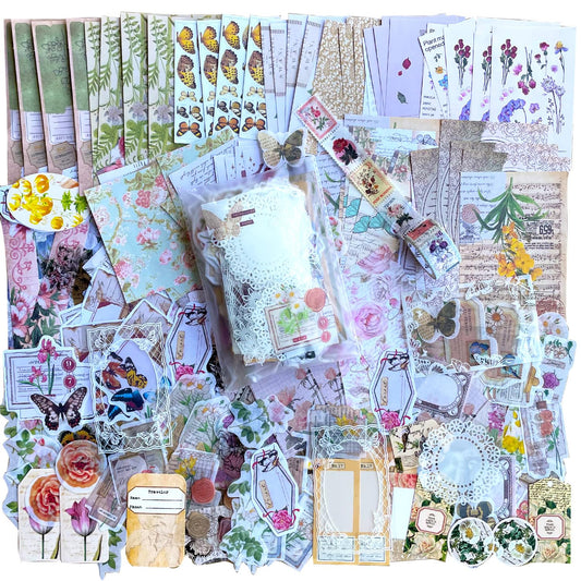 BLEDS 400PCS Vintage Journaling Supplies Pack, Scrapbook Supplies Scrapbook Paper Kit Aesthetic Scrapbook Paper Set Postage Journaling Stamp Stickers for Junk Journals Planner Retro Craft