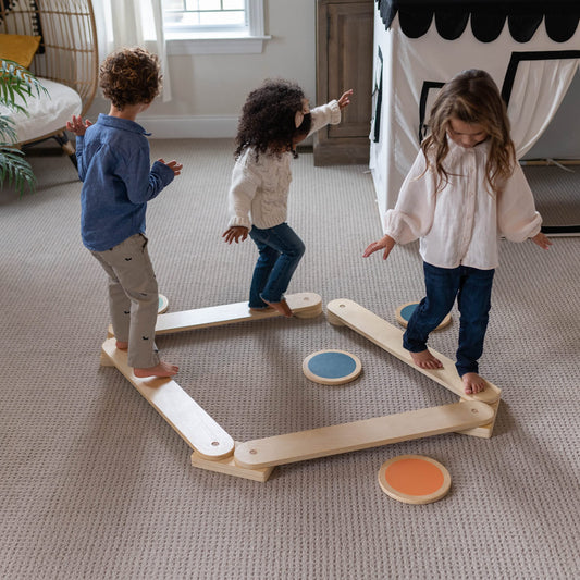 Little Partners Learn 'N Balance Toddler Balance Beam and Stepping Stones Set for Kids, Wooden Indoor Children's Activity Toy with 4 Colorful Stones, Portable Design, Hinged Sections