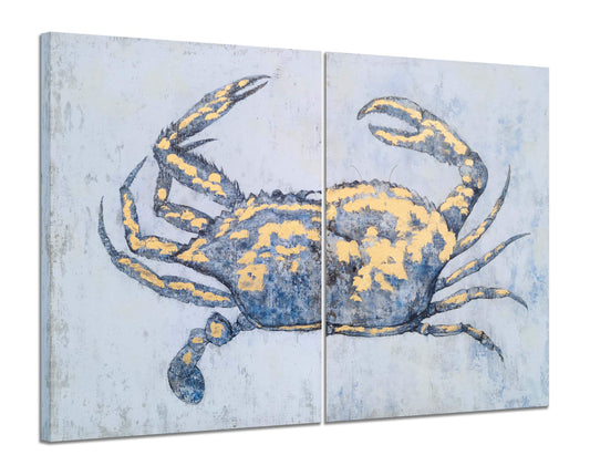 Yihui Arts Blue and Gold Foil Crab Diptych Wall Art - Nautical & Retro Art Decor for Home