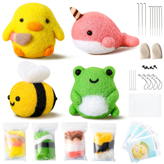 WATINC Set of 4 Cute Animal Needle Felting Starter Kit Frog Chick Bee Narwhal Animal Doll Wool Felting Tools Felt Needles Foam Mat DIY Needlework Craft Party Supplies for Beginners Adults