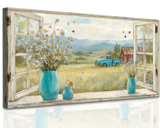 Barn Pictures Wall Art - Vintage Truck Canvas Print for Rustic Wall Decor, Modern Farmhouse Car Wall Art, Old Barn & Truck Painting Framed Artwork for Home Country Farm Wall Decor (18x24 Inches)