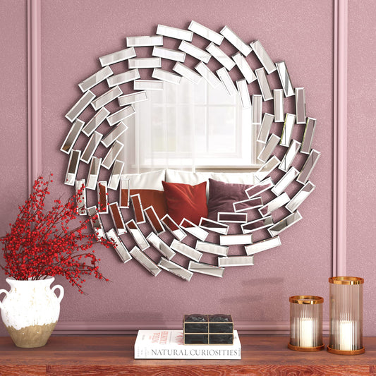 SHYFOY 31.5'' Round Mirror Wall Decor Beveled Decorative Wall Mirrors Silver Hanging Mirror for Living Room Bedroom Entryway Large Modern Accent Mirrors