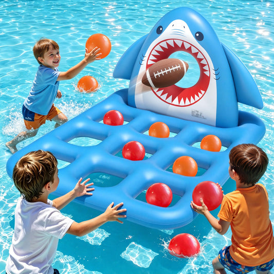 JOSEN Inflatable Pool Toy Set, Fun 2-in-1 Shark Pool Water Games Floating, Giant Tic Tac Toe Game with 10 Balls & Football - Family Pool Party Swimming Toys for Kids Ages 6+ Adults Teens