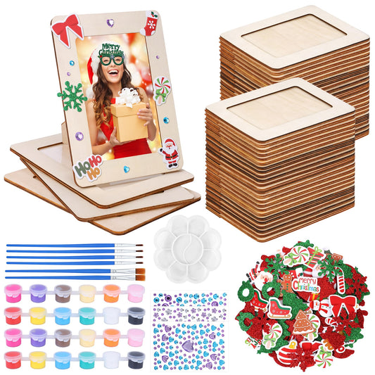 Fovths 36 Packs Christmas Picture Frame Painting Craft Kit Wooden DIY Photo Frame with 250 Foam Stickers Brushes Set Holiday Art Party Favor DIY Paint and Decorate