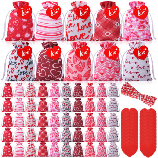 Sweetude 50 Pcs Valentine's Day Burlap Gift Bags with Heart Tag 4 x 6 Inch Small Drawstring Bags Reusable Goody Treat Pouches for Candy DIY Crafts Wedding Favors Party Supplies