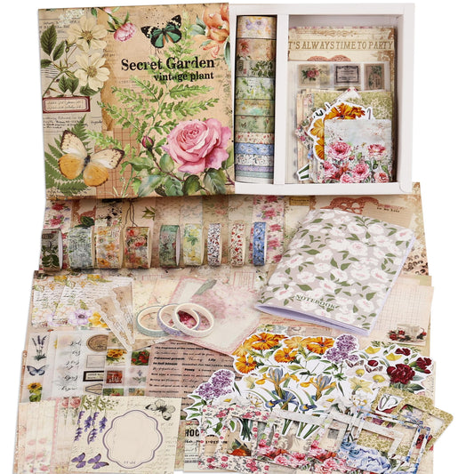 Vintage Botanical Scrapbooking Supplies Kit, Aesthetic Flower Scrapbook Kit for Bullet Junk Journal, 12 Rolls Washi Tape, Stickers Papers for DIY Journaling Supplies, Craft Gift for Girl Women