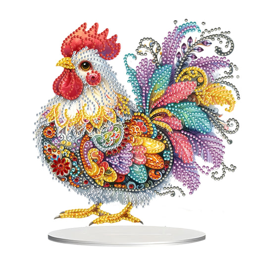 JJFox DIY Tabletop Diamond Art Painting Kit，Special Shaped Rhinestone Desk Placement Ornament，Home Stand Up Gem Painting Craft Kit，Gift,Double Sided. (Rooster-1)
